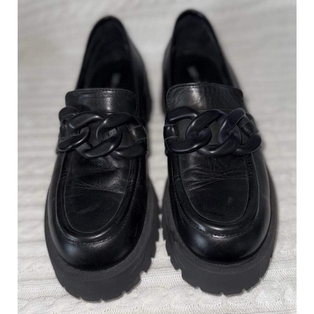 Saint + Sofia Y2K Chunky Heel Preppy Chain Detail Black Leather Loafers Sz 39